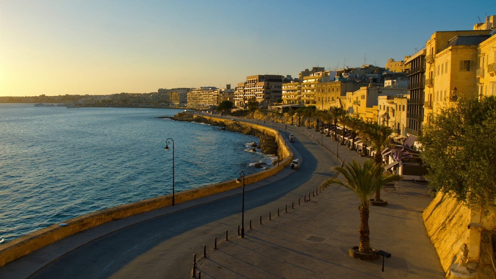 The Sliema seaside promenade, Malta, at golden hour