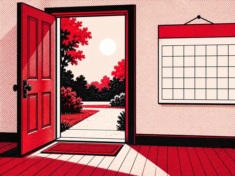 Poster illustration of an open door and a wall calendar