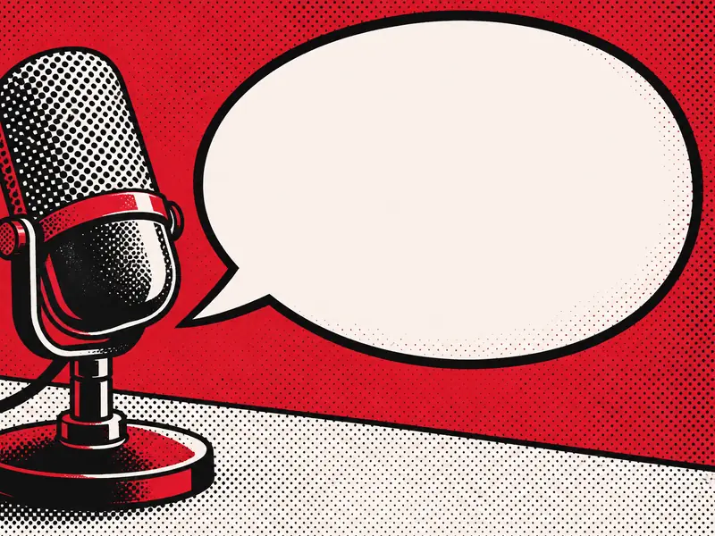 Poster illustration of a microphone and an empty speech bubble