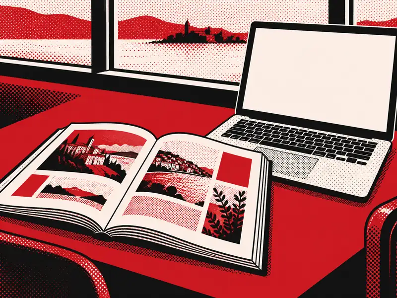 Poster illustration of an open course book beside a laptop