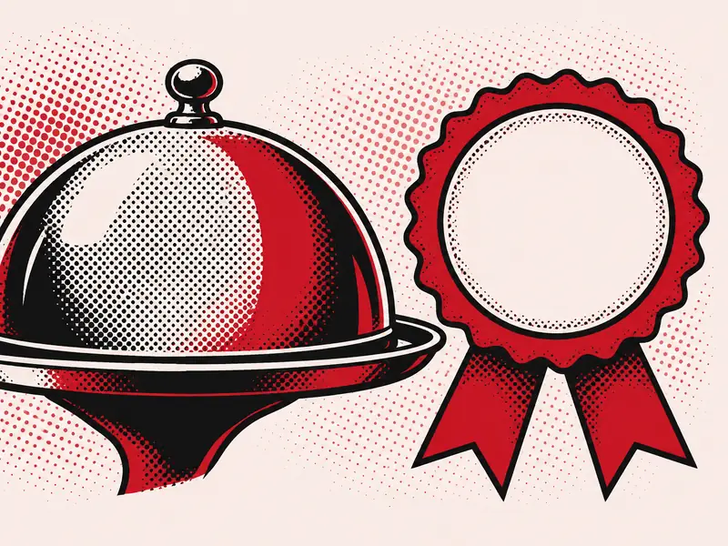 Poster illustration of a hospitality serving tray beside a blank ribbon badge