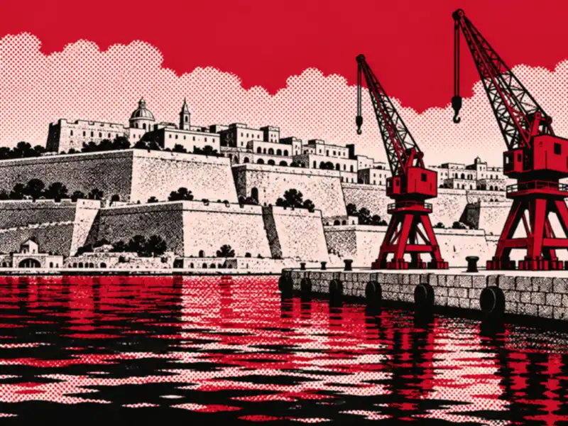 Poster illustration of harbour cranes over a quay